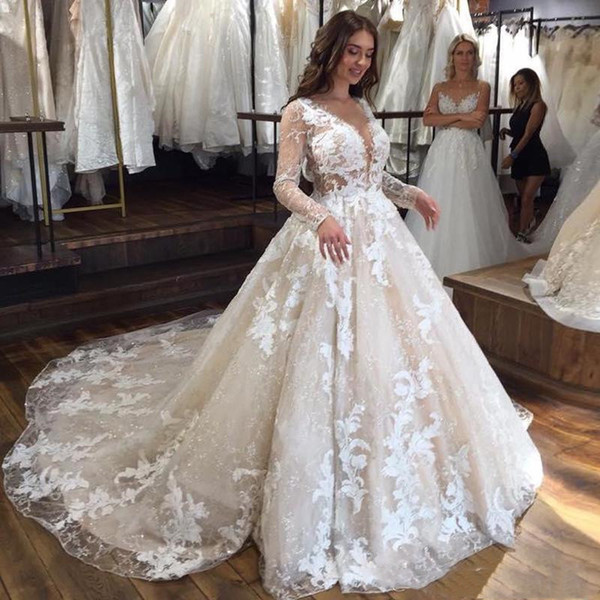 Retro Lace Wedding Dresses Deep V Neck Sheer Long Sleeves Bridal Gowns Spring Summer Sweep Train Wedding Vestidos Custom Made