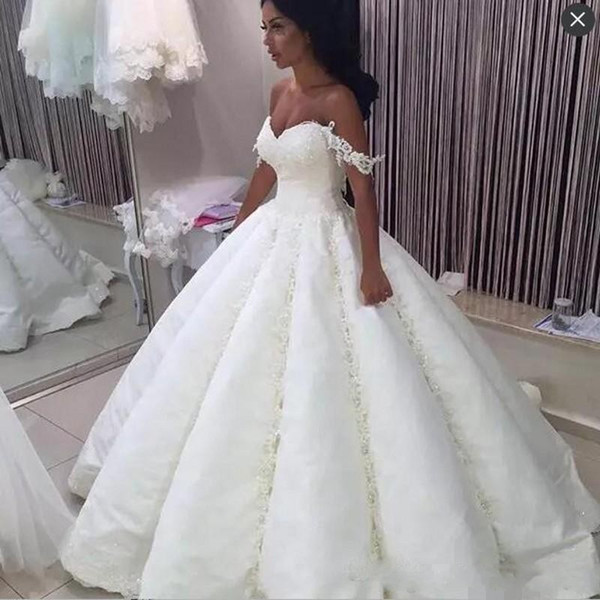 Lace Ball Gown Wedding Dresses Bridal Gowns Beads Sequins Off The Shoulder Wedding Gowns Floor Length Satin Zipper Back