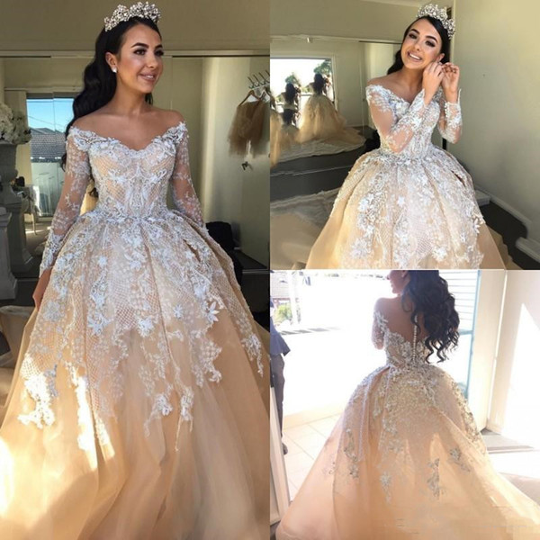 Champagne Ball Gown Wedding Dresses Sexy Sheer Off The Shoulder Long Sleeve Bridal Gowns Luxury Beads Wedding Gown