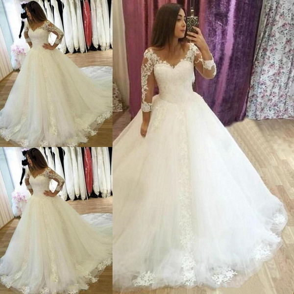 Modest V-neck Long Sleeve Ball Gown Wedding Dresses Appliques Court Trai Lace up Back Bridal Gowns Princess Plus Size Bride Wedding Gowns