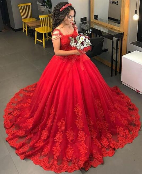 Vintage red ball gown wedding dresses lace cap sleeves off shoulder sweep train tulle bridal wedding gowns elegant vestido de novia