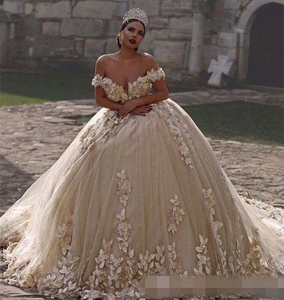 Luxurious Princess Ball Gown Wedding Dresses Bridal Gowns Off The Shoulder Sweep Train Sleeveless Chapel Train Tulle 3D Flower Pearls