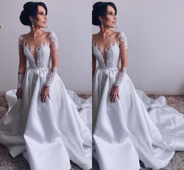 Modest Vintage lace long sleeves ball gown wedding dresses sheer neck illusion 3D appliques church satin formal bridal wedding gowns