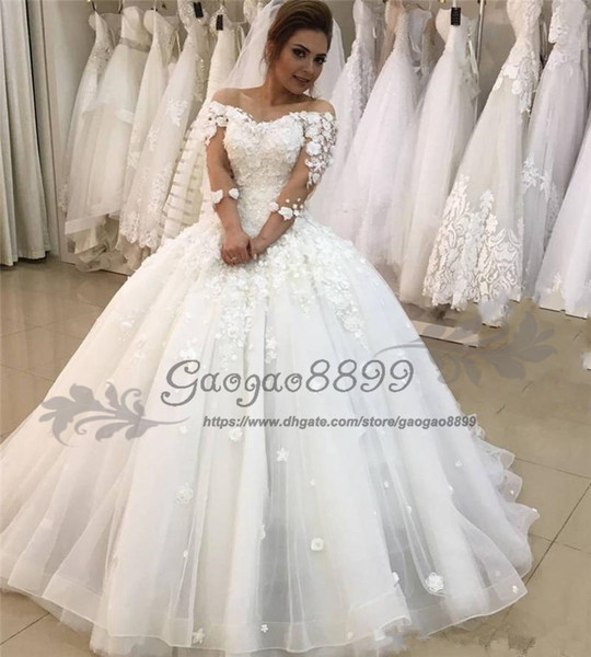 Modest bateau neck 3/4 Long Sleeve Wedding Dresses plus size 3D flowers Lace up Back sweep train arabic Bridal wedding Gowns