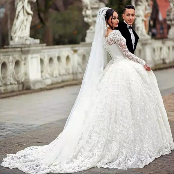 Special offer arabic lace long sleeve wedding dresses ball gown vintage jewel sweep train country bridal gowns covered button custom made