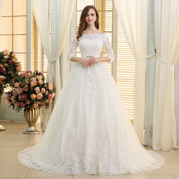 arabic lace ball gown wedding dresses plus size lace up corset elegant bateau neck 3/4 long sleeves bridal dresses gowns