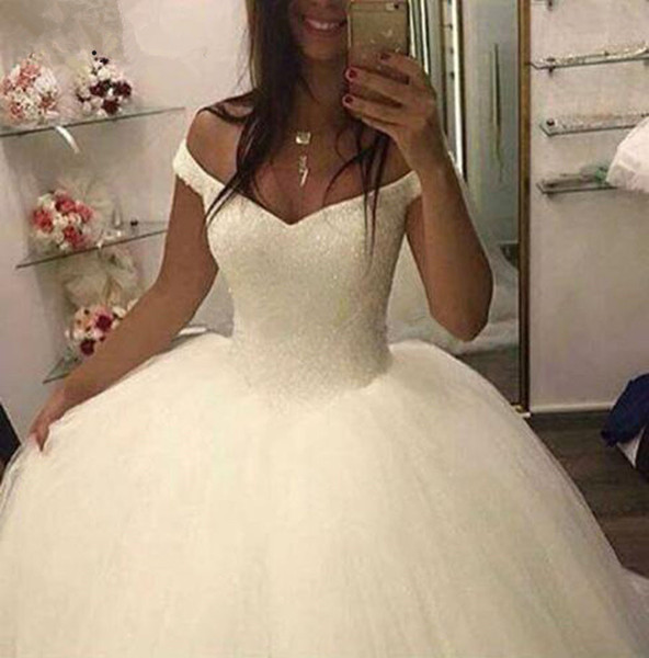 Beaded Off Shoulder Tulle Ball Gown Wedding Dresses White Ivory Floor Length Bridal Gowns Vestido De Novia