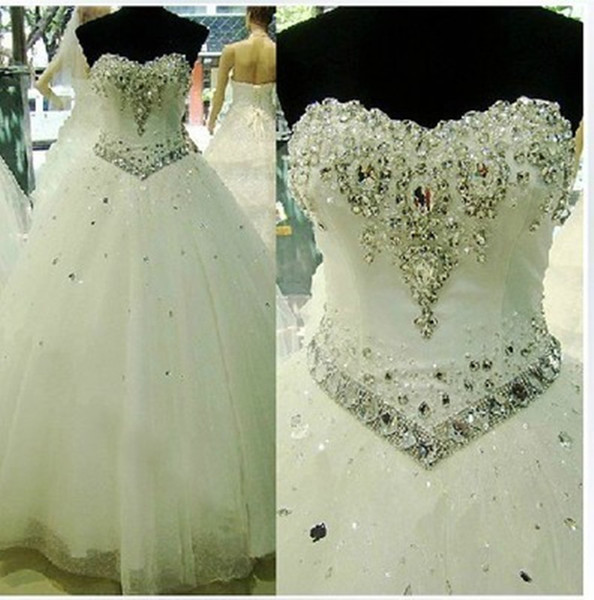 Beaded Crystal Soft Tulle Ball Gown Wedding Dresses Romantic Sweetheart Bride Dress Lace Up Back