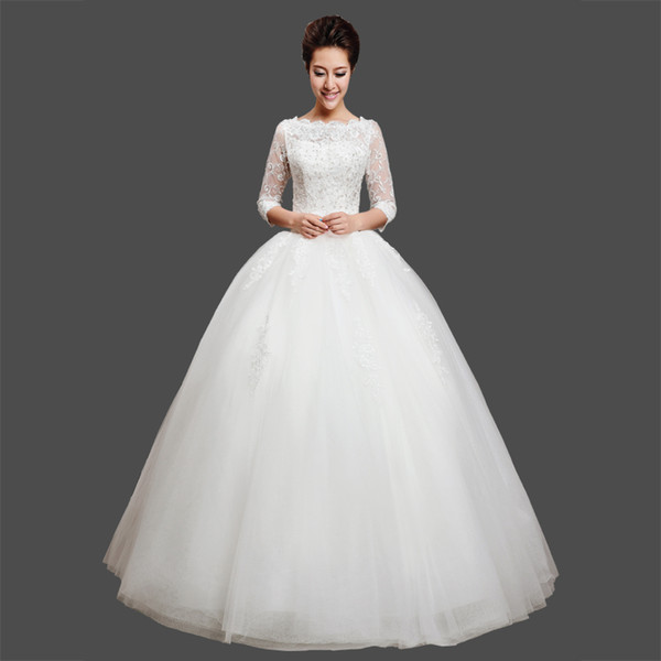 Bateau Neck Lace Tulle Ball Gown Wedding Dress Vintage Floor Length Bridal Gowns Lace Up