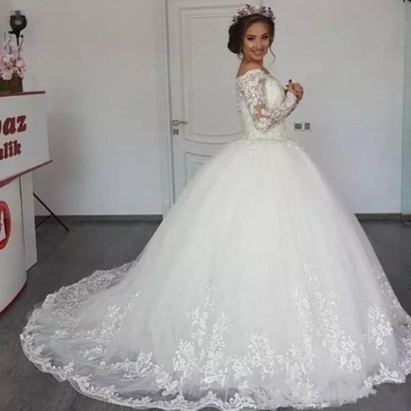 Off Shoulder Lace Appliques Ball Gown Wedding Dress Long Sleeves Bridal Gowns Button Back vestidos novia