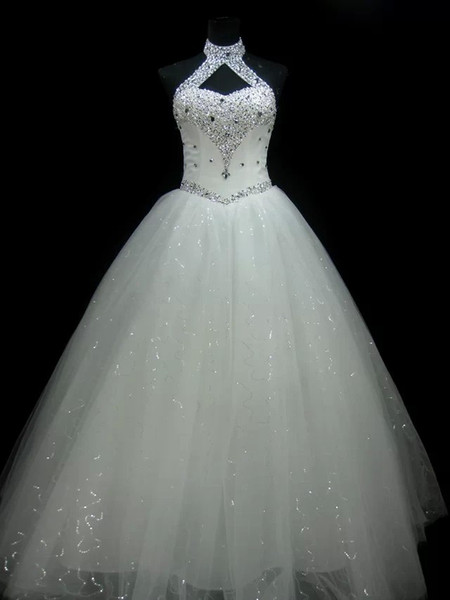 New Halter Neck Beaded Crystal Ball Gown Wedding Dresses Lace Up White Bridal Dress Gowns