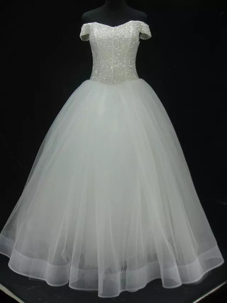 Off Shoulder Tulle Ball Gown Wedding Dress Newest Beaded Wedding Gowns Lace Up Custom Made