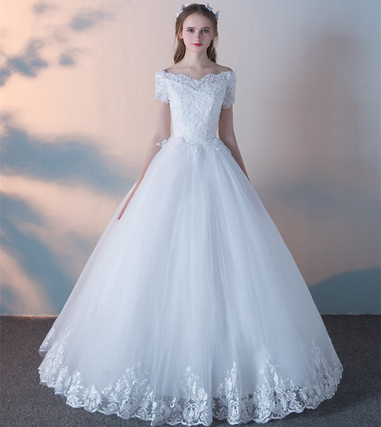 Bateau Neck Lace Tulle Ball Gown Wedding Dresses Short Sleeves Wedding Gown Lace Up Bridal Gowns