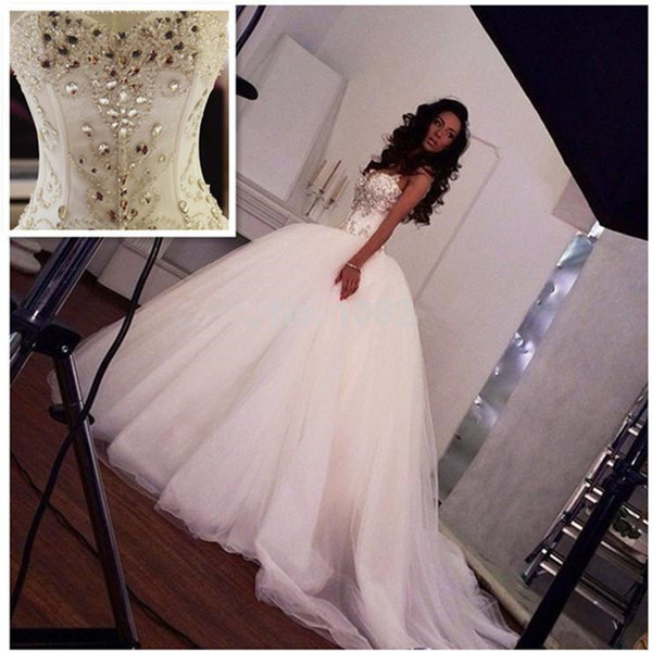 Beaded Crystal Tulle Ball Gown Wedding Dresses with Spaghetti Straps Real Photo Wedding Gowns robe de soiree