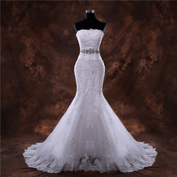 Romantic Mermaid Sweetheart Appliqued Wedding Dress With Crystal Court Train Wedding Gowns Lace Up Real Pictures