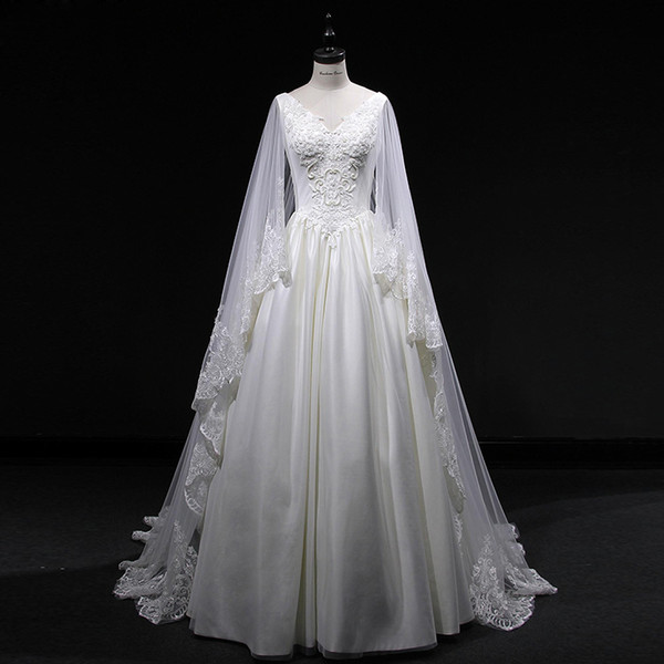 Lace Tulle A Line Wedding Dresses With Long Sleeves Boho Wedding Gowns Sweep Train