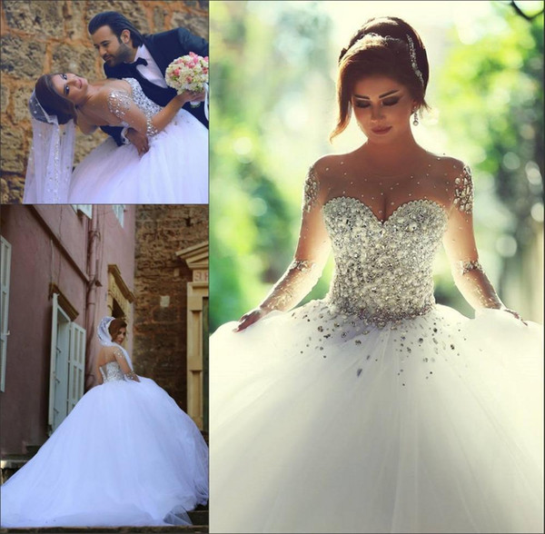 Ball Gown Sheer Long Sleeves Wedding Dresses Beaded Tulle Scoop Neckline Lace up Bridal Gowns