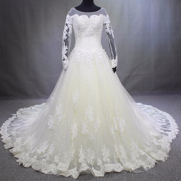 Chapel Train Wedding Dresses New Style Lace Appliques Sequined Graceful Wedding Gowns Bridal Gown Real Photo