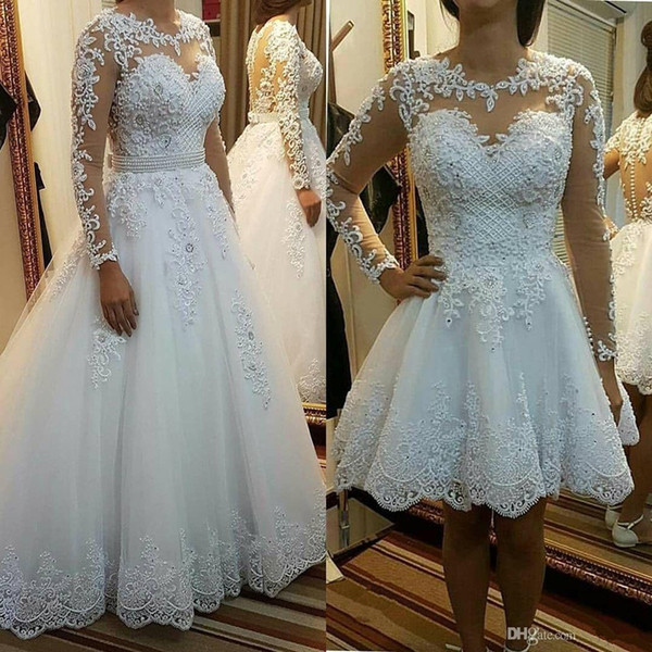 Sheer Long Sleeves Ball Gown Wedding Dress with Lace Appliques Beach Wedding Gowns with Pearls