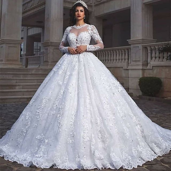 Princess Sheer Crew Neck Wedding Dresses Long Sleeve Lace Appliques Beads Puffy Muslim Dubai Arabic Wedding Dresses Bridal Gown Custom