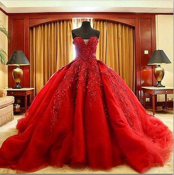 Michael Cinco Luxury Ball Gown Red Wedding Dresses Lace Top quality Beaded Sweetheart Sweep Train Gothic Wedding Dress Civil vestido de 2016