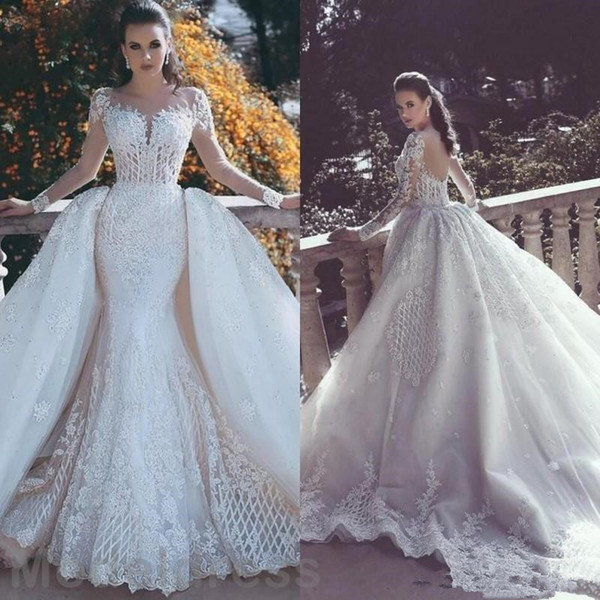 African Luxury Lace Mermaid Wedding Dresses Illusion Neck Long Sleeve Detachable Train Appliques Beaded Plus Size Bridal Gowns Arabic