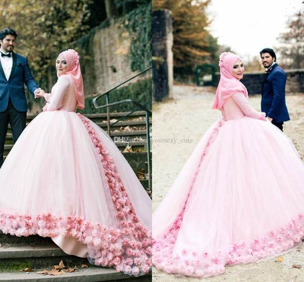 Pink Ball Gown Muslim Wedding Dresses High Neck Long Sleeves Tulle Flowers Lace Back Bandage Bridal Gowns