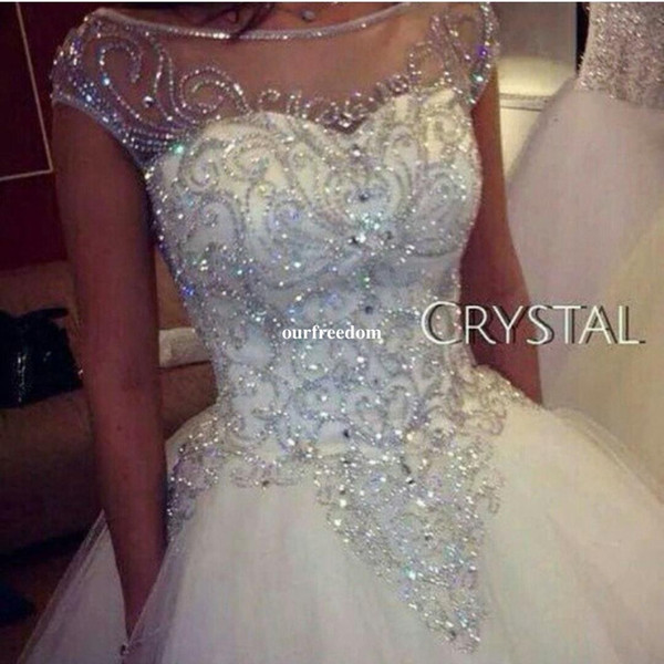 Ball Gown Wedding Dresses New Gorgeous Dazzling Princess Bridal Real Image Luxurious Tulle Handmade Rhinestones Crystal Sheer Top