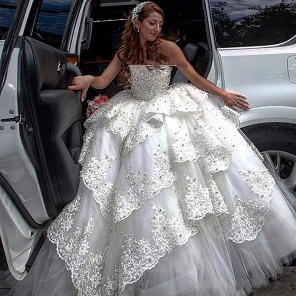 Cheap full beaded Ball Gown wedding dresses 2017 Sexy boat neck bridal gowns lace up corset bodice tiered appliques wedding gowns