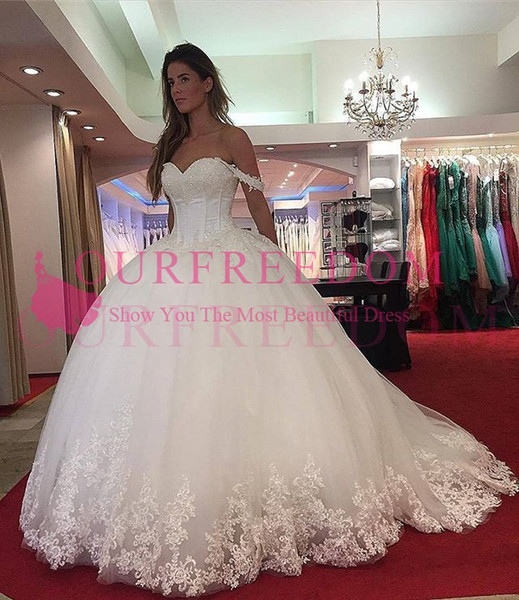 White Off The Shoulder Wedding Dresses Ball Gown Lace Appliques Lace Up Back Church Bridal Gown Simple Cheap Custom Made Hot Sale