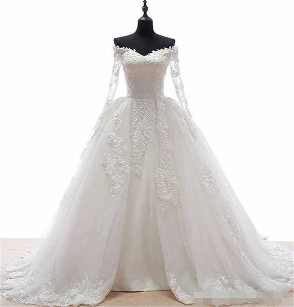 Custom Made White Ball Gown Sheer Long Sleeves Wedding Dresses Lace Appliqued Over Tulle Court Train Bridal Wedding Gowns