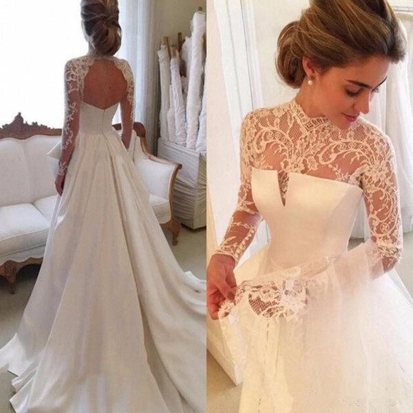 charming Long Sleeve Wedding Dresses With Sheer Neck Jewel Sexy backless Bridal Gowns Satin Vintage Wedding Dress vestido de novia