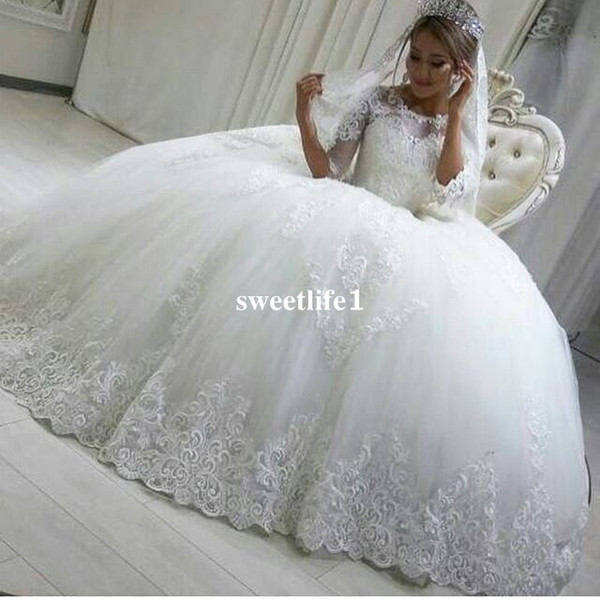 Gorgeous New Sheer Jewel Wedding Dresses Half Sleeve Lace Applqiues Ball Gown Bridal Gown For Church Custom Made Hot Sale Back Zipper