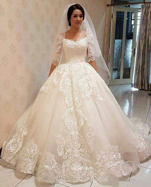 Elegant Half Long Sleeves Lace Wedding Dresses A Line Ball Gown Luxury Sheer Neck Bridal Gowns Custom Made Wedding Gowns