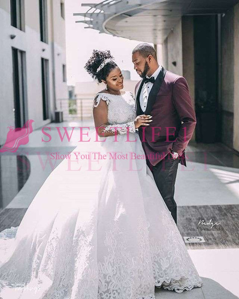 South Africa Style Long Sleeve Wedding Dresses Appliques Ball Gown Bateau Neck Church Bridal Gown Custom Made