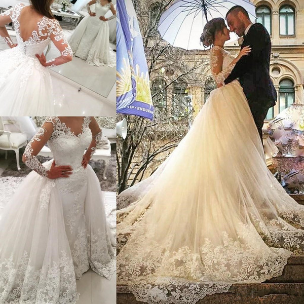 New Saudi Arabic V-neck Wedding Dresses Lace Appliques Backless Long Sleeves Elegant Bridal Gowns with Removable Skirt ball gowns