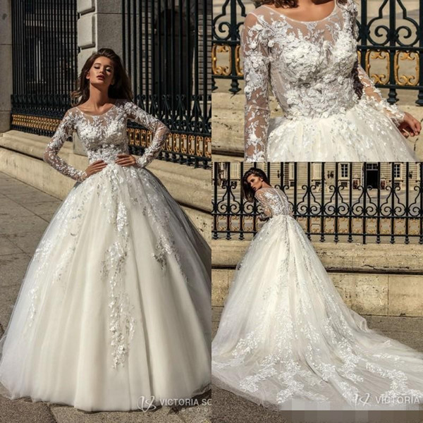 Illusion Long Sleeves Wedding Dresses Lace Ball Gowns Vestido de noiva Sheer Jewel Neck Appliques 3D Flora Fitted Bridal Gowns