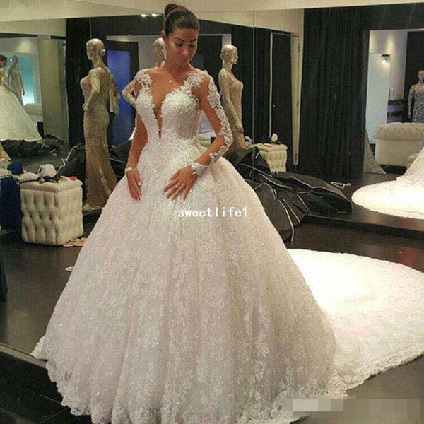 Sexy Illusion Back Long Sleeves Wedding Dresses Lace Ball Gown Wedding Gowns robe de mariage Vestido de noiva