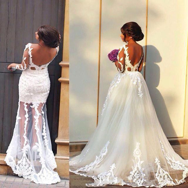 Arabic sexy plus size Long Sleeve Wedding Dresses With Detachable Train lace Appliqued Tulle Wedding Dress custom made beach Bridal Gowns