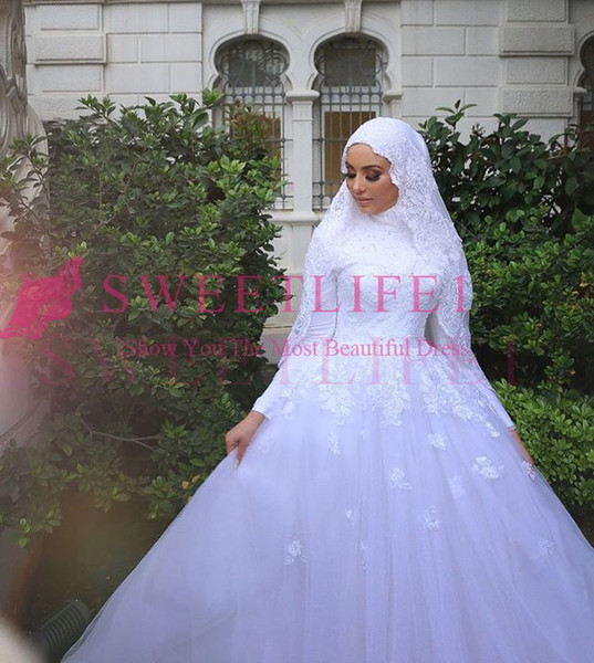 Muslim Wedding Dresses Zipper Back High Neck Long Sleeve Lace Appliques A Line Said Mahamad Bridal Gown Custom Made Hot Sale