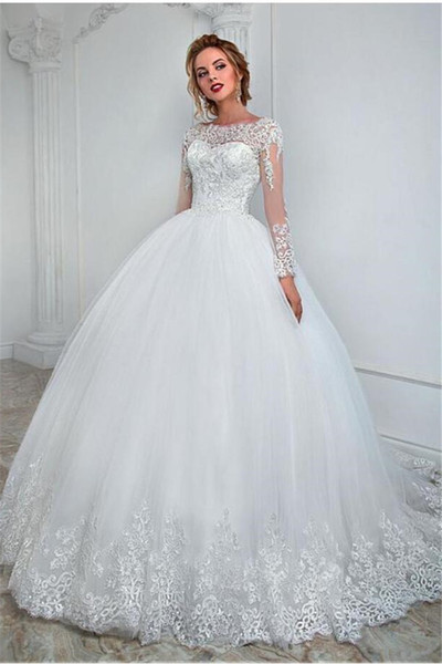 High Waist Ball Gown Wedding Dresses Long Sleeves Lace-up Back Pleats Tulle with Floral Applique Bridal Gowns 2017 New Arrival