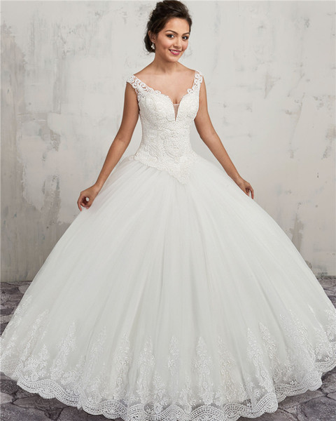 Top Quality Ivory Ball Gown Wedding Dresses Sweep Train Pleats Tulle Major Beading Lace-up Back Applique with Beads