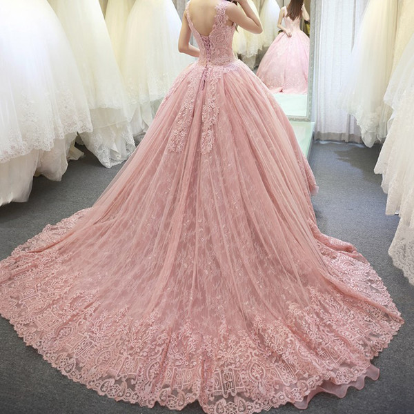 Stunning Pink Lace Ball Gown Wedding Dresses Gorgeous Bridal Gowns Sweep Train Lace up Back Wedding Dress