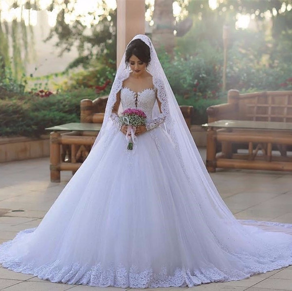 White Ball Gown Wedding Dresses Sweep Train Long Sleeves Pleats Tulle Sheer with Applique Shining Sequins Beads Bridal Gowns High Waist