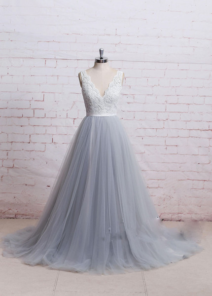 2017 Boho Ball Gown Wedding Dresses Pleats Tulle Lace Applique with Beading Court Train Long Bridal Gowns Light Gray Long Wedding Gowns