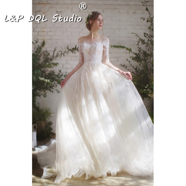 Attractive Ball Gown Wedding Dresses Court train Fall Winter Illusion Sheer with Floral Applique Lace Bridal Gowns