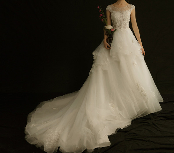 Ivory Court Train Wedding Dresses Scoop Illusion Neckline Long Bridal Gowns Pleats Tulle with Beads Sequins Side Lace-up