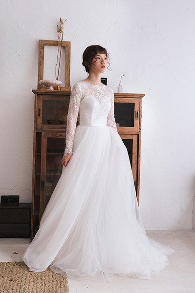 Gorgeous Lace Long Sleeves Ball Gown Wedding Dress Scoop Zipper with BUttons Back Sweep Train Bridal Gowns