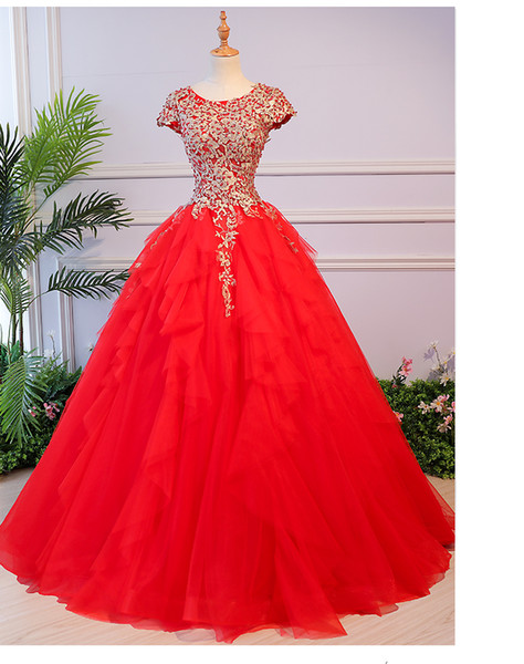 Stunning Red Ball Gown Weddin Dress with Gold Applique Floor Length Layers Tulle Lace-up Back 