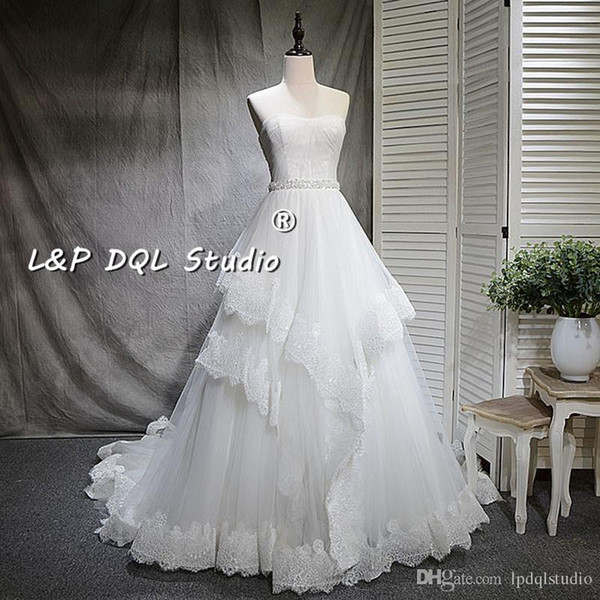 Ivory Ball Gown Wedding Dresses Elegant Strapless Tulle with Lace Applique Lace-up Back Bridal Gowns Custom Made Plus Size Shining Sash